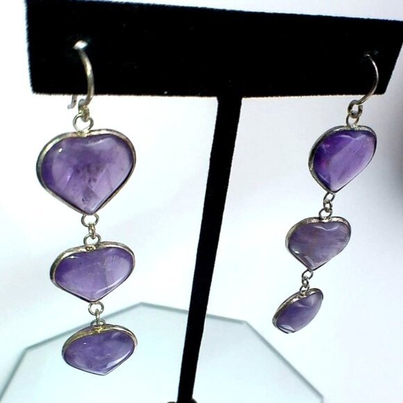 Amethyst Crystal Heart Dangle Earrings Sterling Silver Handmade - Picture 3 of 5